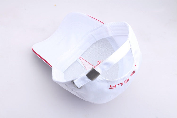 White Tesla Red Logo Baseball Hat